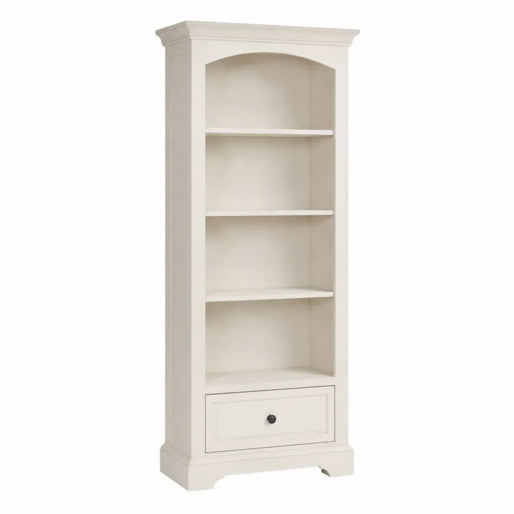 Librería alta rectangular de MDF lacado blanco crema de 70 x 35 x 180 cm con estantes abiertos y cajón inferior