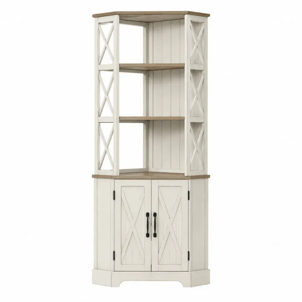 Librería de esquina alta de madera MDF con acabado blanco y superficie efecto madera estantería abierta con armario inferior 80 cm ancho 35 cm fondo 180 cm alto