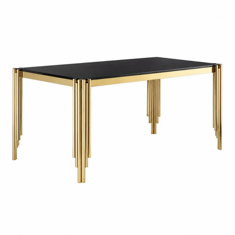 Mesa de comedor rectangular de piedra sinterizada negra con base metálica cilíndrica dorada 180 x 90 x 75 cm estilo moderno
