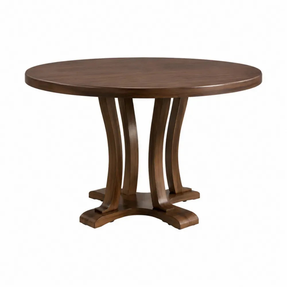 Mesa de comedor redonda de MDF chapado en nogal marrón con base central de madera de caucho 110 x 110 x 75 cm