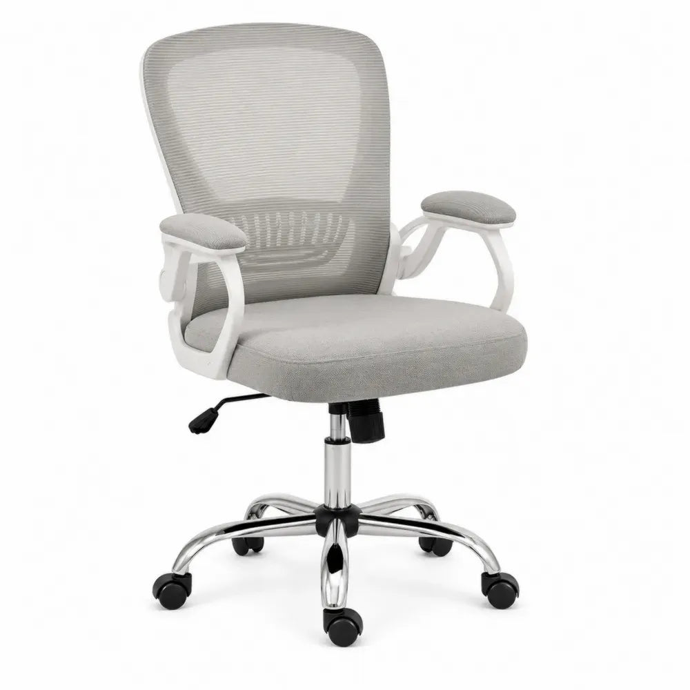 Silla de oficina ergonómica giratoria de malla con reposabrazos estructura blanca base cromada con ruedas 360°
