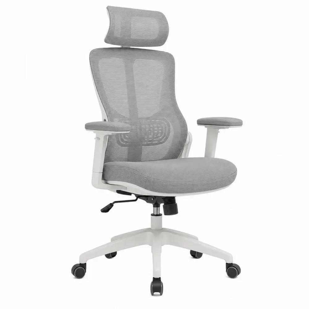 Silla de oficina giratoria con respaldo alto de malla gris estructura PP blanca altura 118 a 128 cm