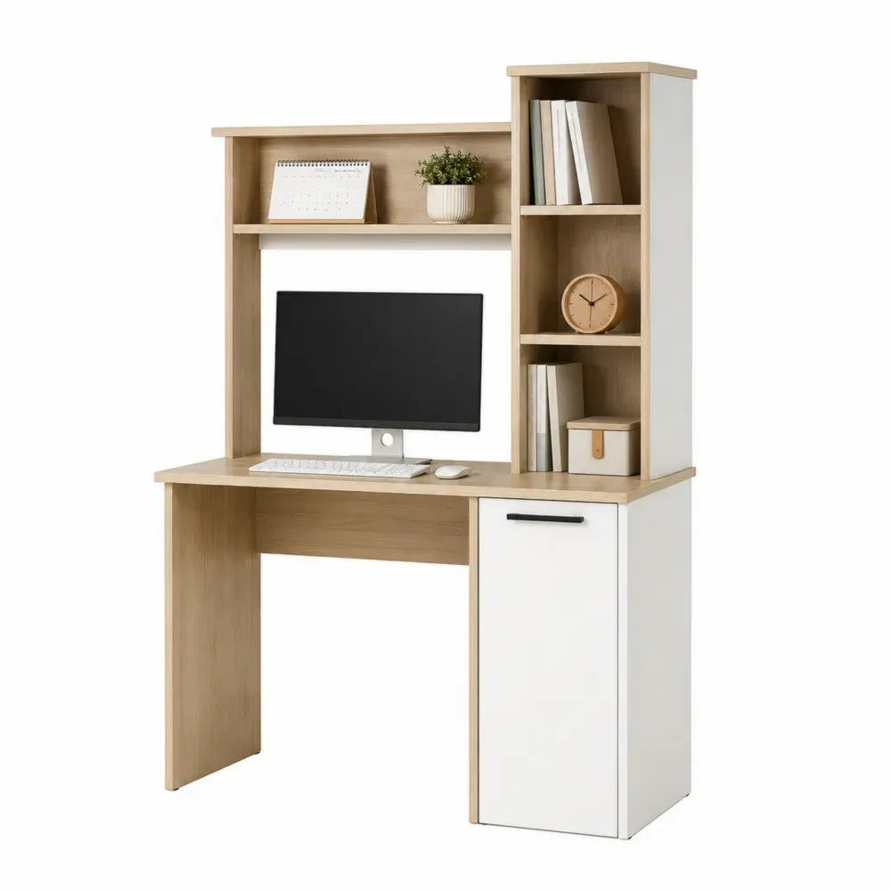 Escritorio recto de ordenador con estantería superior y armario lateral MDF madera clara y blanco 140 cm