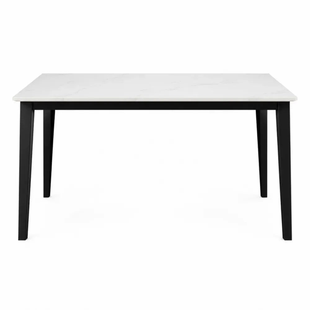 Mesa de comedor rectangular 120 cm x 70 cm x 75 cm tablero efecto mármol blanco patas metálicas negras estructura moderna