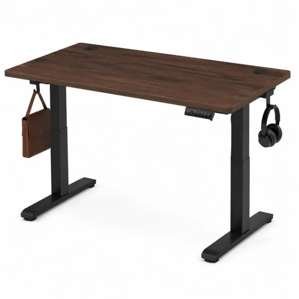 Escritorio eléctrico regulable en altura con tablero MDF marrón y estructura de acero negro 120 cm