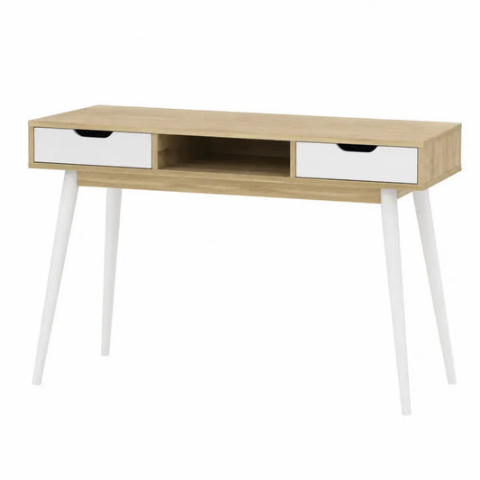 Escritorio rectangular de MDF efecto roble claro y blanco de 120 x 55 x 75 cm con dos cajones y compartimento central