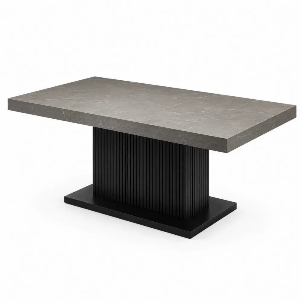Mesa de comedor rectangular de piedra sinterizada gris con base central de acero negro 180 x 90 x 75 cm