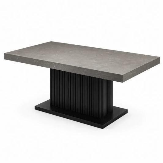 Mesa de comedor rectangular de piedra sinterizada gris con base central de acero negro 180 x 90 x 75 cm