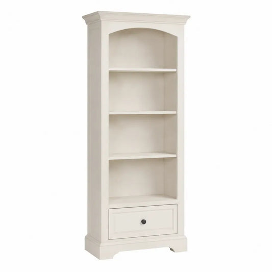 Librería alta rectangular de MDF lacado blanco crema de 70 x 35 x 180 cm con estantes abiertos y cajón inferior