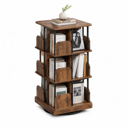 estantería giratoria de oficina tipo torre madera MDF color nogal oscuro con base giratoria 360° diseño organizador de libros con compartimentos múltiples