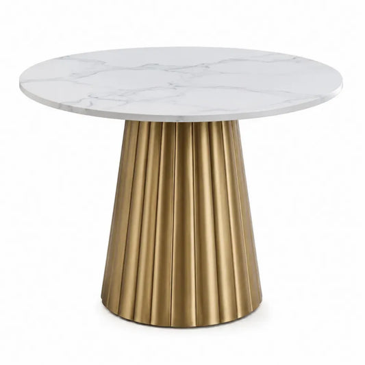 Mesa de comedor redonda de piedra sinterizada con base cilíndrica metálica dorada 100 x 100 x 75 cm diseño moderno blanco y dorado