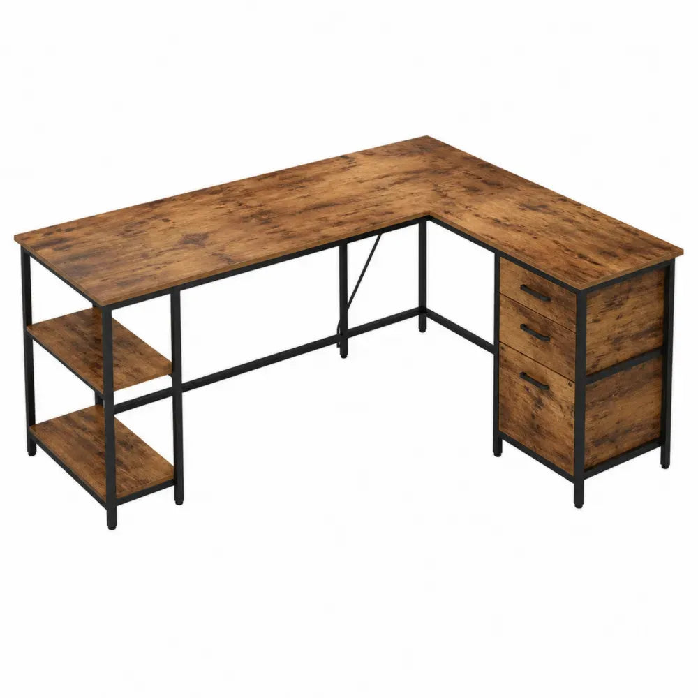Escritorio en L rectangular de MDF efecto madera marrón y acero negro de 140 x 120 x 75 cm con 3 cajones y estantes abiertos