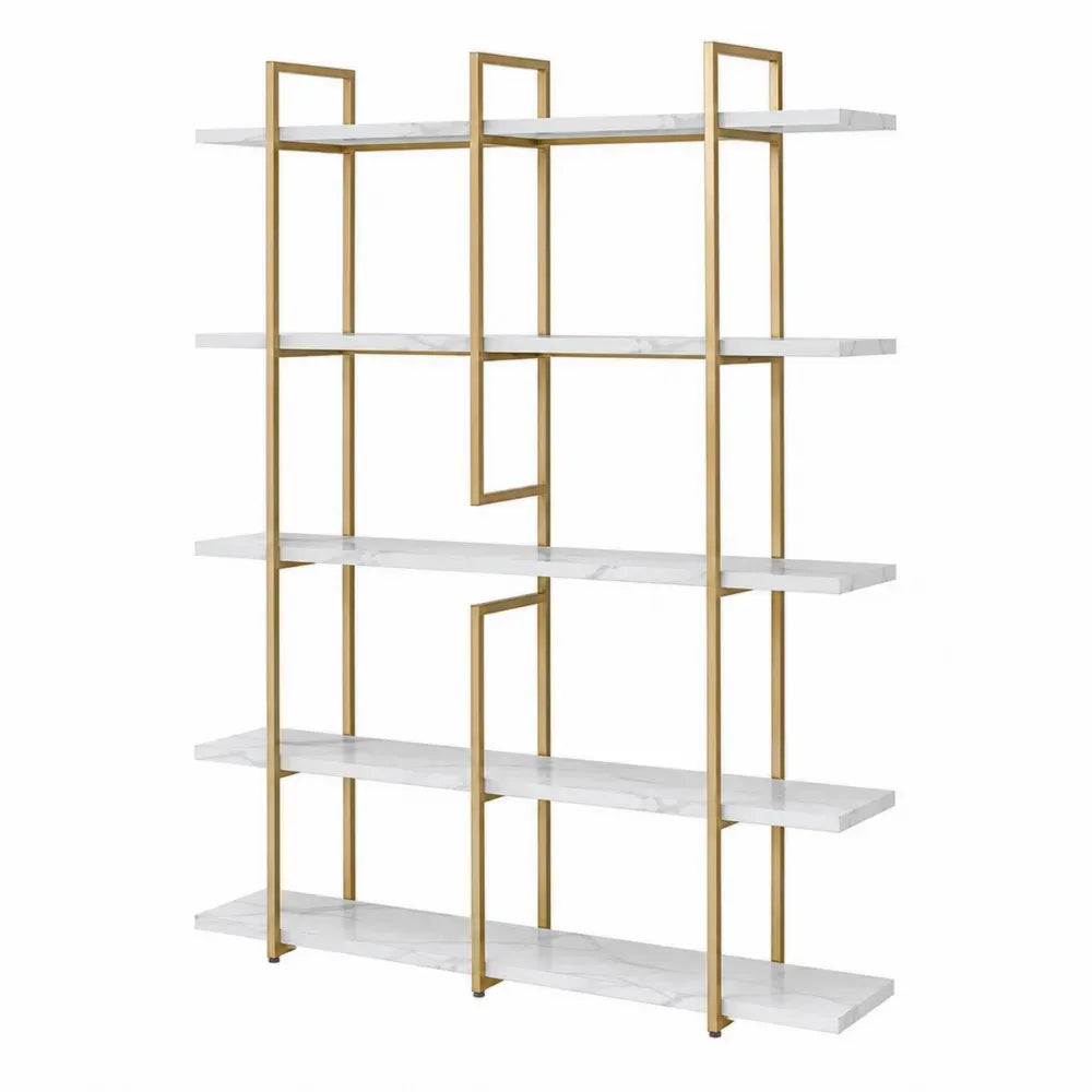 librería estantería de oficina de 180 cm alto 120 cm ancho 35 cm fondo estructura de acero dorado con baldas efecto mármol blanco diseño abierto moderno