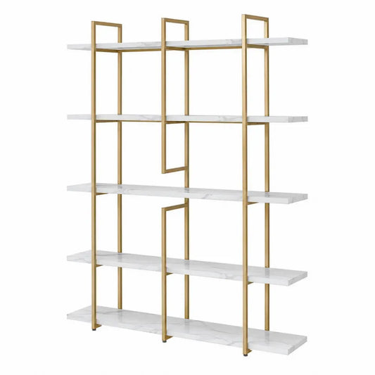 librería estantería de oficina de 180 cm alto 120 cm ancho 35 cm fondo estructura de acero dorado con baldas efecto mármol blanco diseño abierto moderno