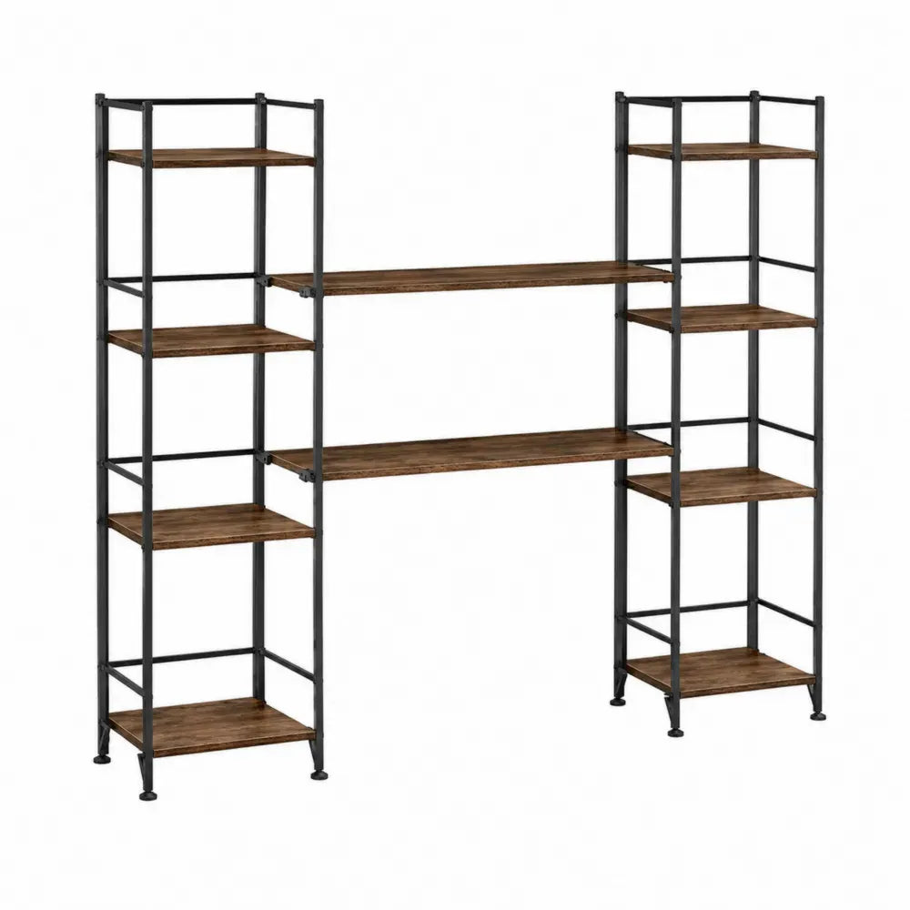 Librería modular rectangular de MDF efecto madera y acero negro de 200 x 40 x 180 cm con dos torres laterales y estantes puente