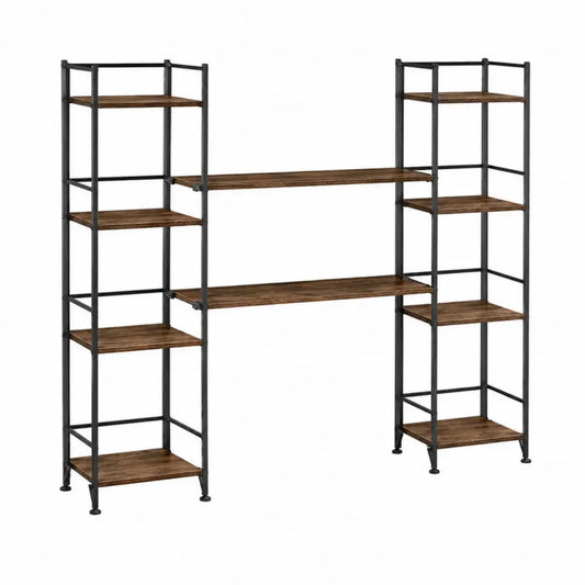Librería modular rectangular de MDF efecto madera y acero negro de 200 x 40 x 180 cm con dos torres laterales y estantes puente