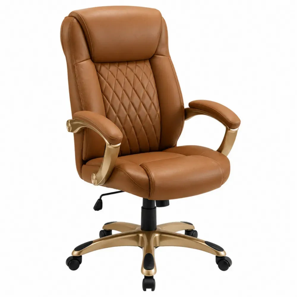 Silla de oficina giratoria PU marrón con respaldo alto acolchado base metálica dorada y ruedas altura 110 a 120 cm