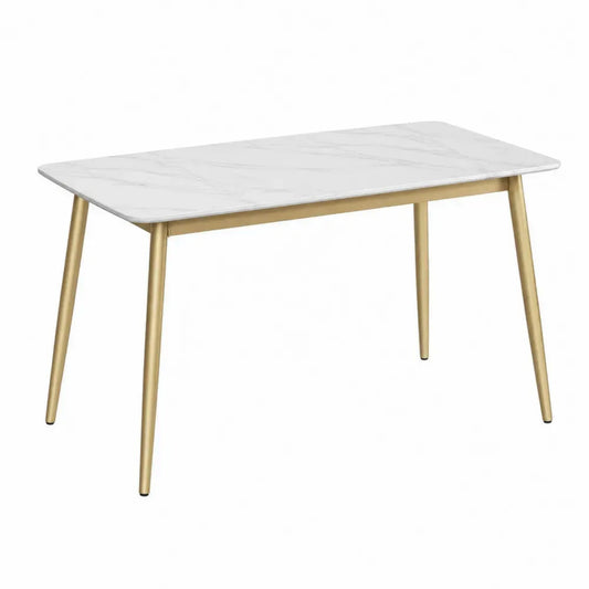 Mesa de comedor rectangular 140 cm x 80 cm x 75 cm tablero efecto mármol blanco patas metálicas doradas estructura moderna