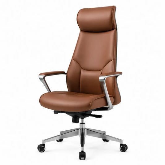 Silla de oficina giratoria con respaldo alto PU marrón base metálica y ruedas altura 115 a 125 cm