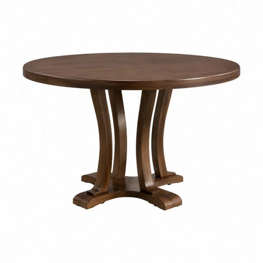Mesa de comedor redonda de MDF chapado en nogal marrón con base central de madera de caucho 110 x 110 x 75 cm