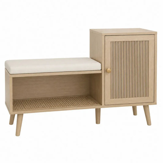 Banco zapatero rectangular de MDF efecto roble claro con asiento acolchado armario lateral y puerta ranurada 120 x 35 x 85 cm