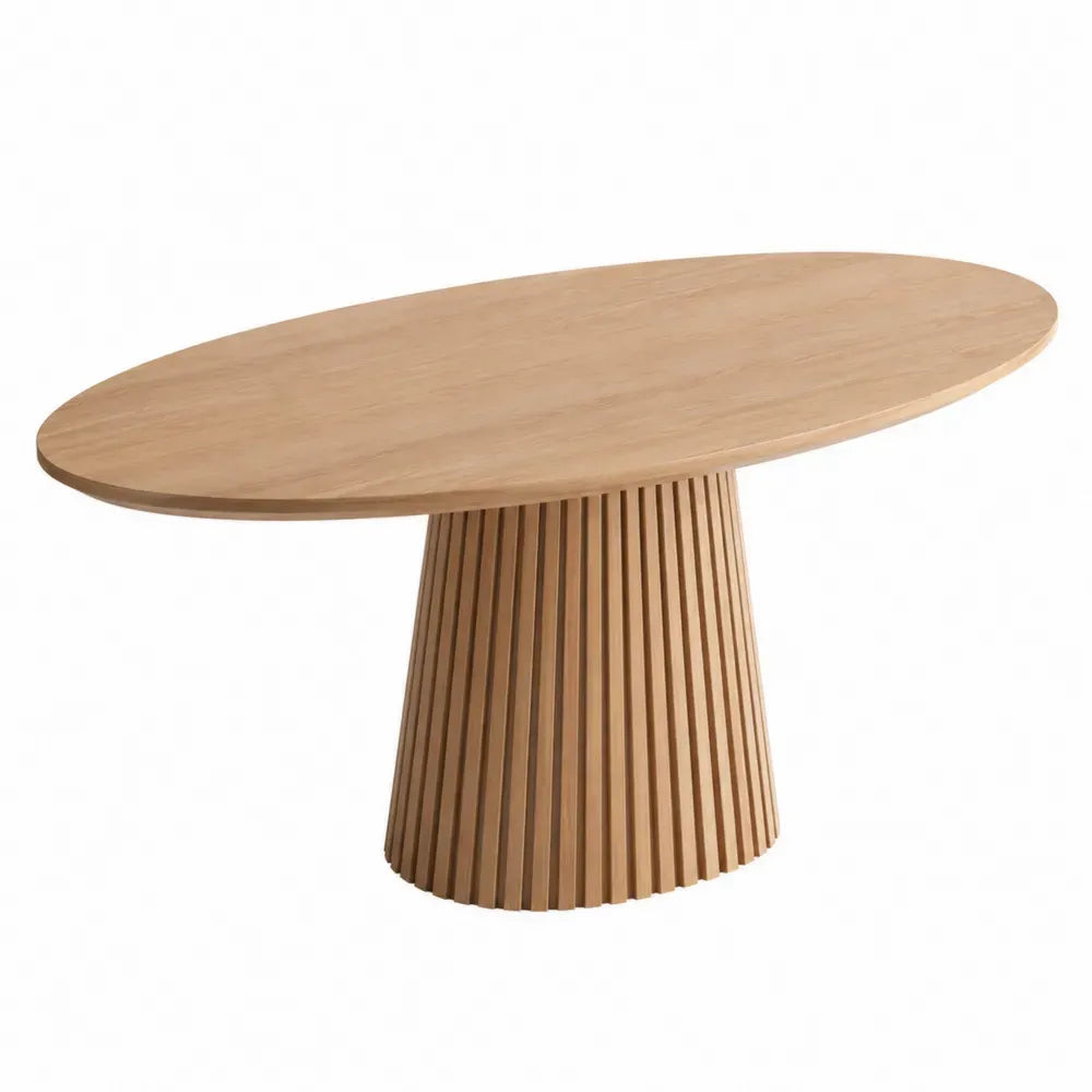 Mesa de comedor ovalada de madera natural con base cilíndrica acanalada 120 x 80 x 75 cm estilo moderno