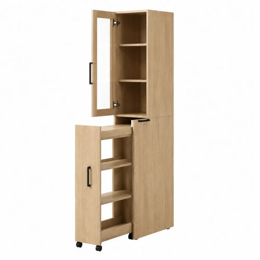 Armario de almacenamiento de MDF madera clara con puerta lateral abatible y cajón abatible estilo nórdico con ruedas sin dimensiones especificadas