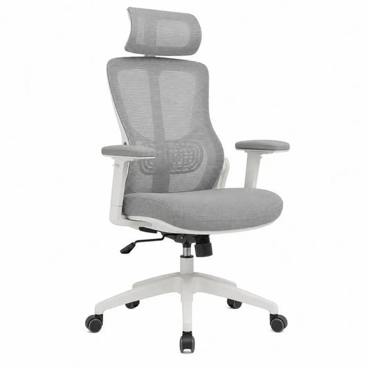 Silla de oficina giratoria con respaldo alto de malla gris estructura PP blanca altura 118 a 128 cm