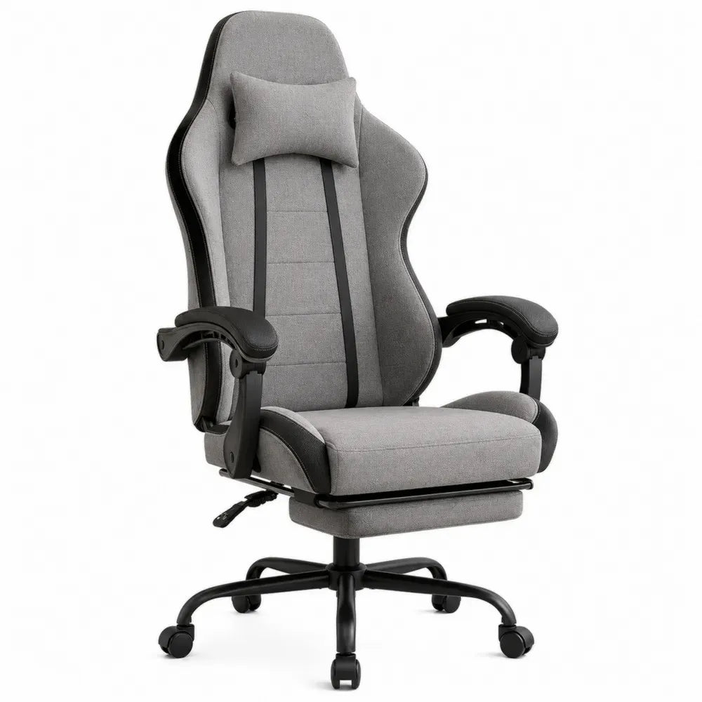 Silla de oficina giratoria con respaldo alto tejido gris y negro reposacabezas altura 120 a 130 cm