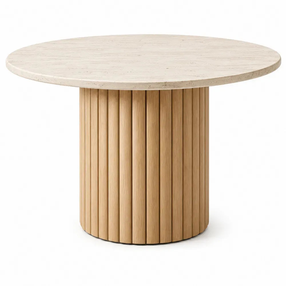 Mesa de comedor redonda con tablero de piedra sinterizada efecto travertino beige y base cilíndrica de madera natural 90 x 90 x 75 cm