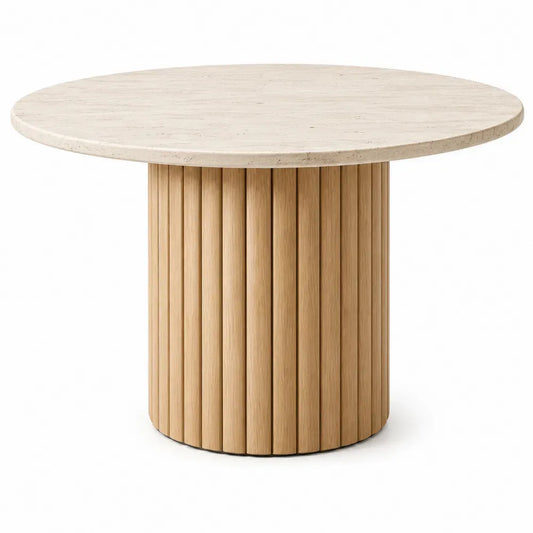 Mesa de comedor redonda con tablero de piedra sinterizada efecto travertino beige y base cilíndrica de madera natural 90 x 90 x 75 cm