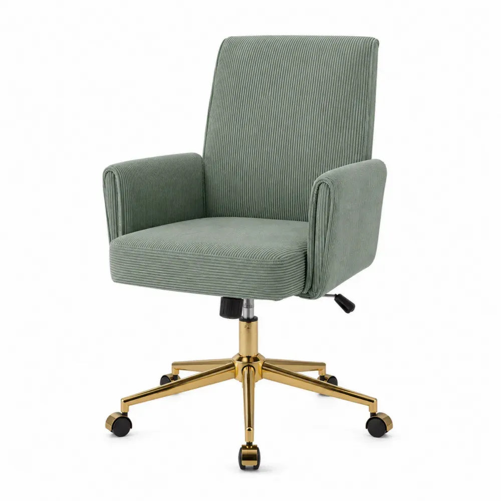 Silla de oficina giratoria de pana verde con base metálica dorada y ruedas negras altura regulable 105-115 cm