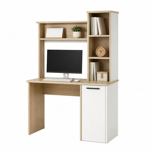 Escritorio recto de ordenador con estantería superior y armario lateral MDF madera clara y blanco 140 cm