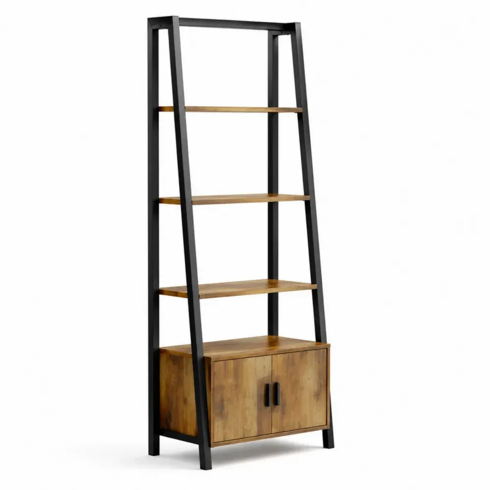 librería estantería de oficina con armario inferior estructura de acero negro y madera 180 cm alto 80 cm ancho 35 cm fondo diseño abierto con baldas múltiples