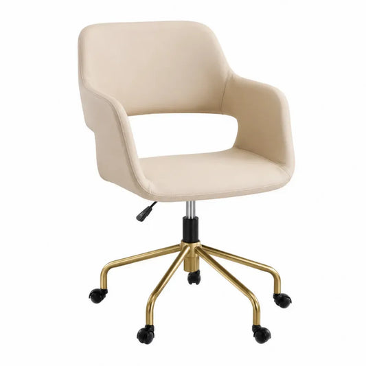 Silla de oficina giratoria PU beige con base de acero dorada y ruedas altura 82 a 92 cm