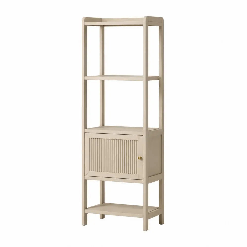 Librería alta rectangular de MDF beige de 60 x 30 x 170 cm con estantes abiertos y armario con puerta acanalada