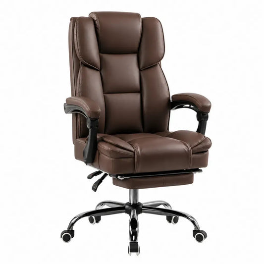 Silla de oficina ejecutiva ergonómica reclinable de cuero PU marrón con reposapiés base cromada giratoria