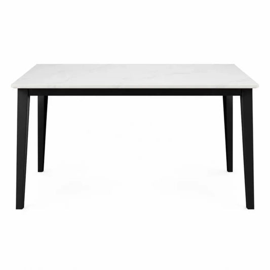 Mesa de comedor rectangular 120 cm x 70 cm x 75 cm tablero efecto mármol blanco patas metálicas negras estructura moderna