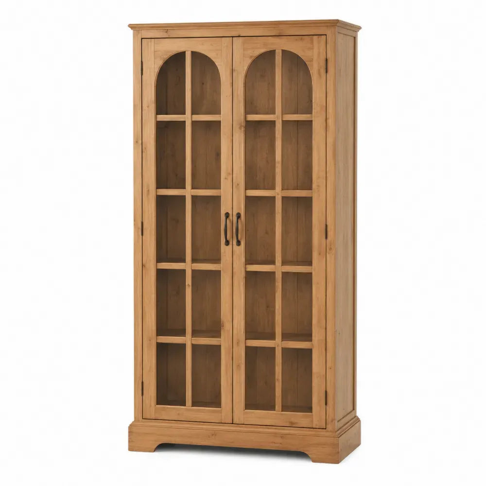 Vitrina armario de madera maciza de pino con puertas de cristal estantería con baldas interiores color madera natural 180 cm alto 90 cm ancho 40 cm fondo