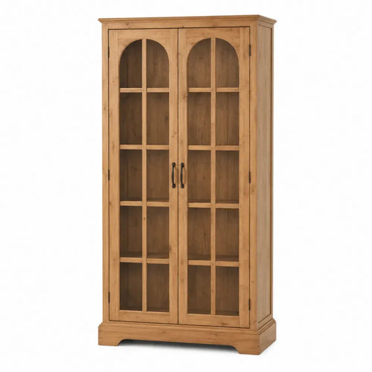 Vitrina armario de madera maciza de pino con puertas de cristal estantería con baldas interiores color madera natural 180 cm alto 90 cm ancho 40 cm fondo